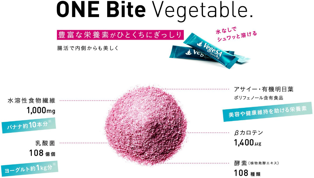ONE Bite Vegetable. 豊富な栄養素がひとくちにぎっしり 腸活で内側からも美しく 水なしでシュワッと溶ける